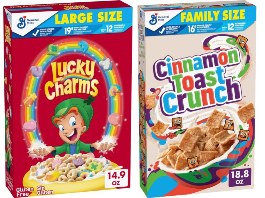 stock images of a box of lucky charms and a box of cinnamon toast crunch