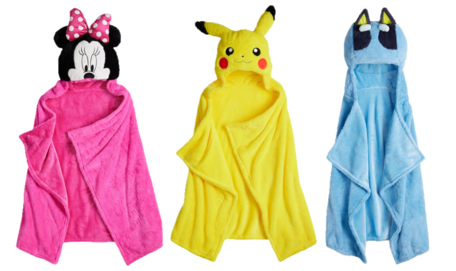 minnie mouse, pikachu, and bluey hooded blankets
