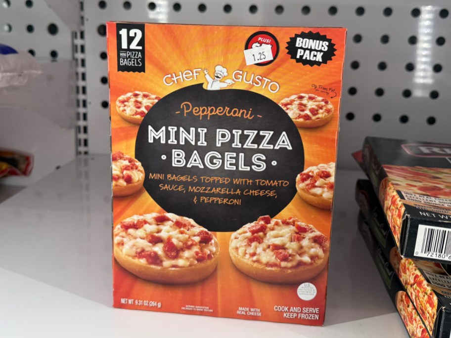 chef gusto bagel pizza bites box in freezer
