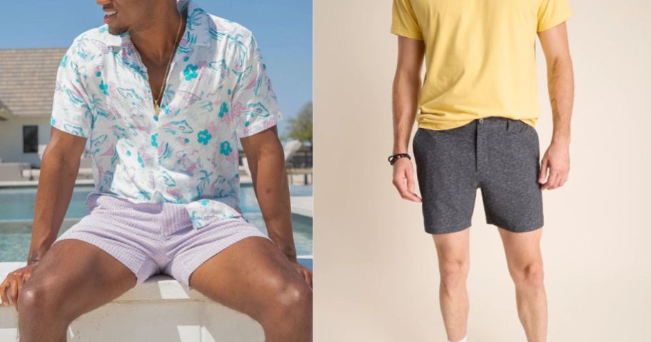 two men wearing chubbies shorts in pink and grey