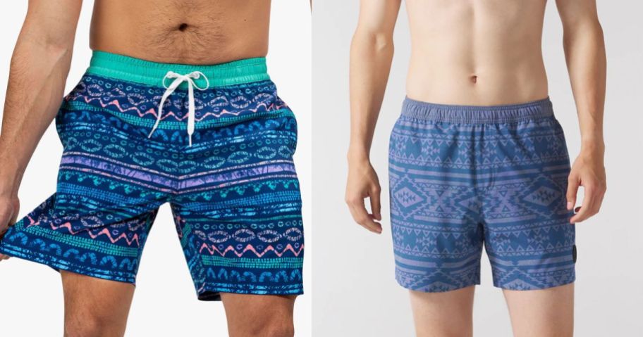 two mem wearing chubbies swim shorts in blue