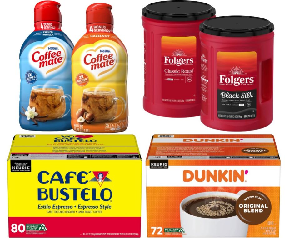 k-cup and ground coffee and two jugs of coffee mate