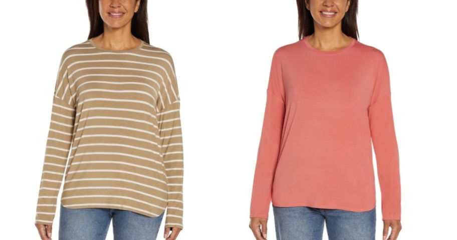 two women wearing a striped tan and white and a pink Gap Ladies' Drop Shoulder Top
