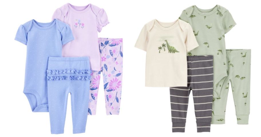 a purple and a green Carter's Baby 4-Piece Layette Set stock image