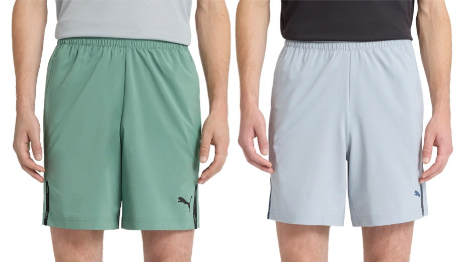 two men wearing green and gray puma shorts