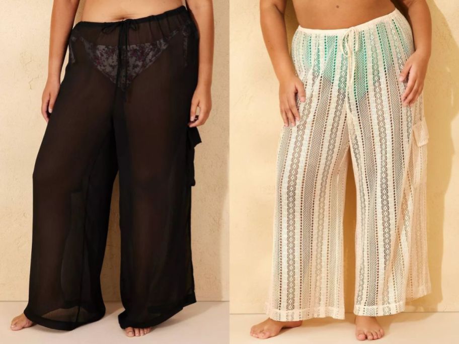 two women wearing Swim Cover Up Cargo Pants in black and beige