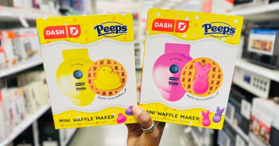 two Dash x Peeps Mini Waffle Makers in hand in store