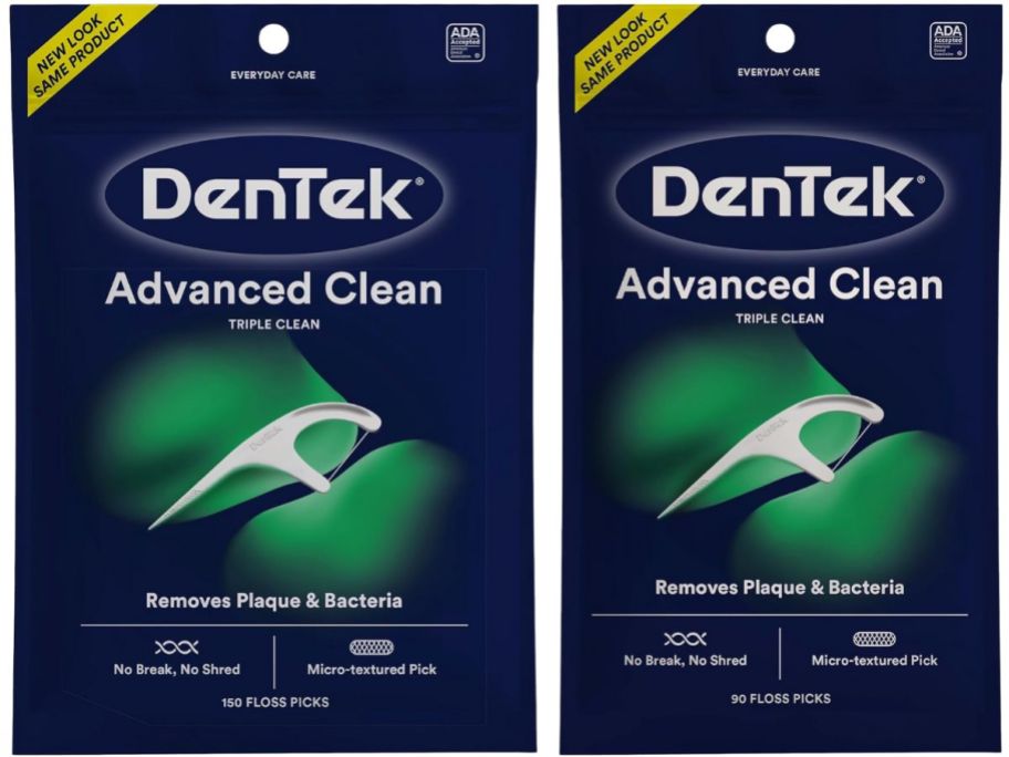 two packs of dentek flossers in 150 and 90 count quantities