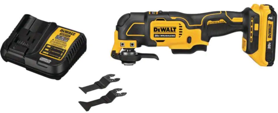 yellow and black dewalt multi tool with battery and charger 