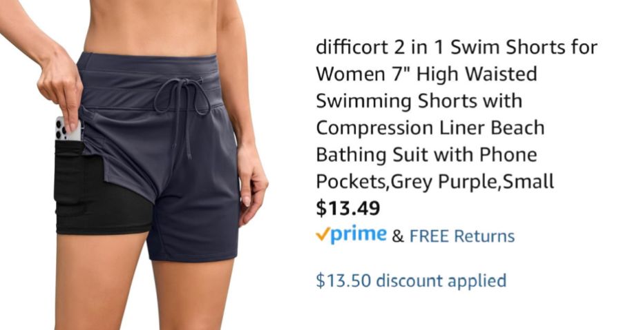 woman wearing black shorts next to Amazon pricing information