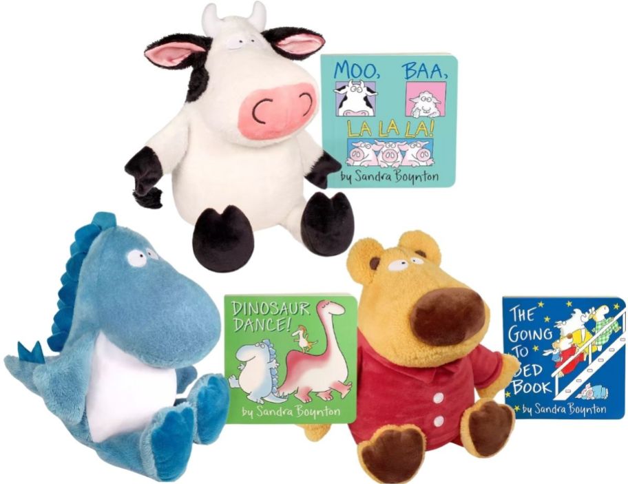 a dinosaur, bear, and cow shown with their corresponding books