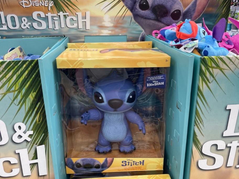 a Disney Stitch posable vinyl figure on display in Walmart