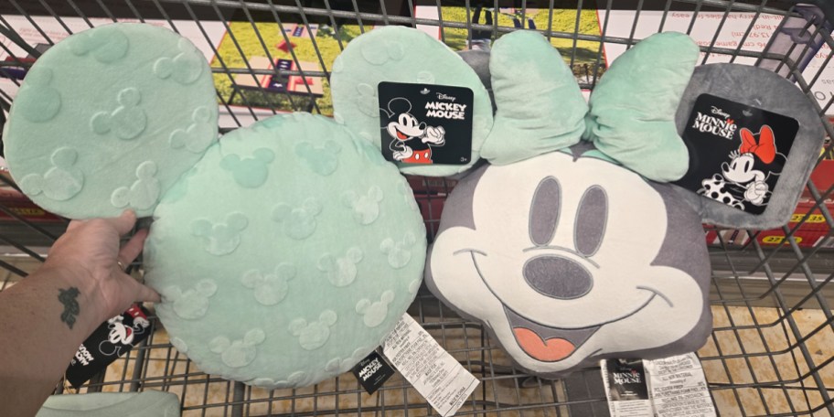 green minnie mouse shaped pillow in cart 