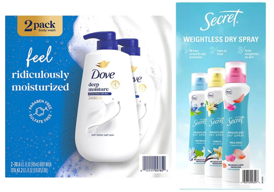 dove body wash and secret deodorant boxes 