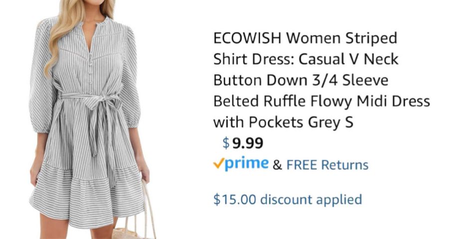 woman wearing striped dress next to Amazon pricing information