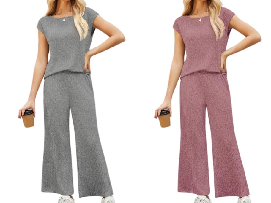 2 women wearing lounge sets with sleeveless tops and pants