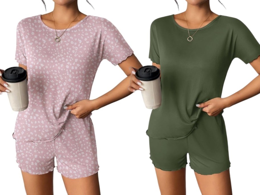 two women wearing short sleeve and shorts pajama sets in different colors