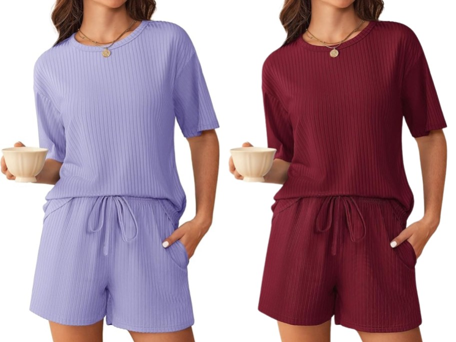 two women wearing short sleeve and shorts pajama sets in different colors
