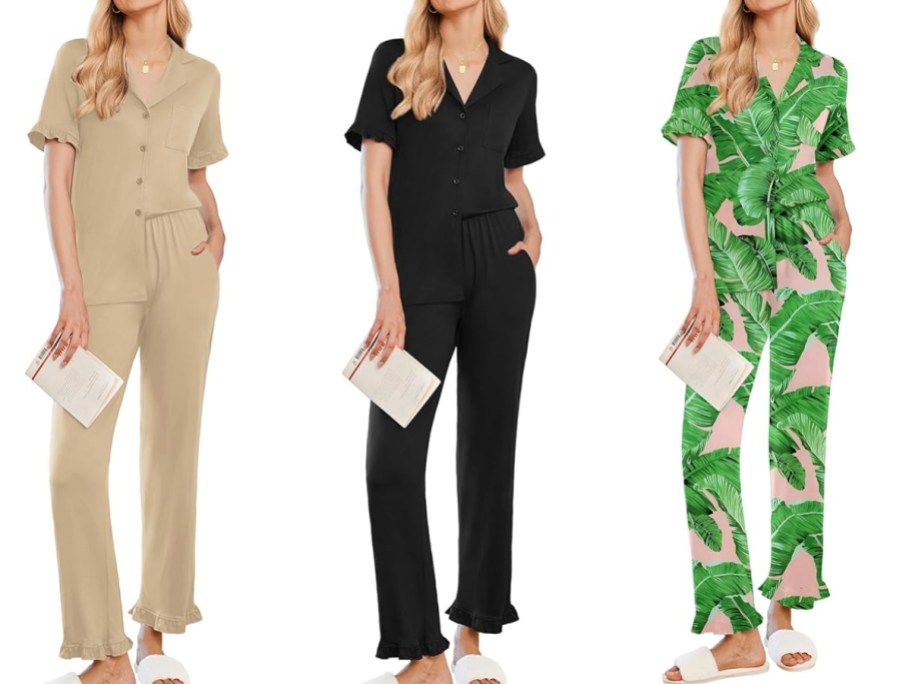3 women wearing different color and prints of a button down top and pants lounge set