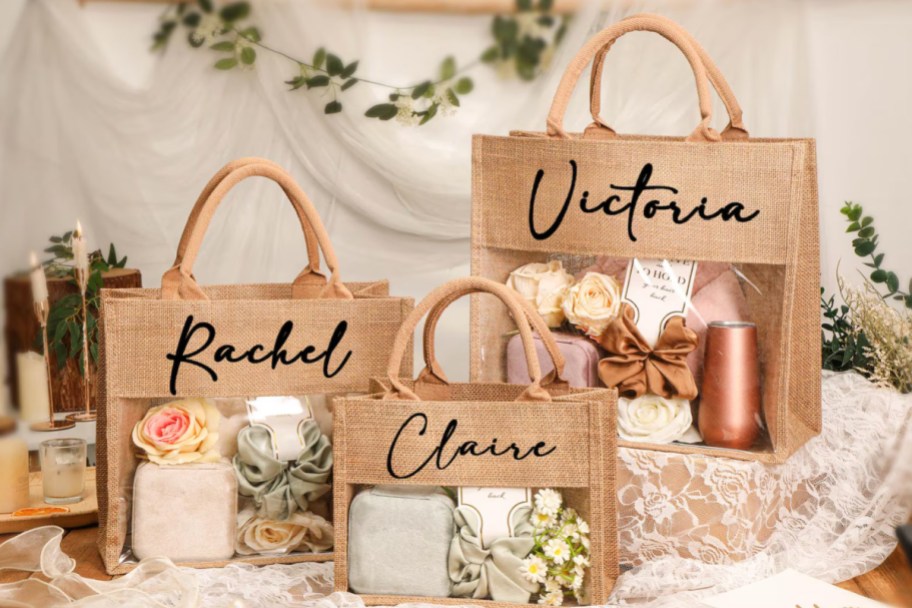 three different size tan and clear tote bags
