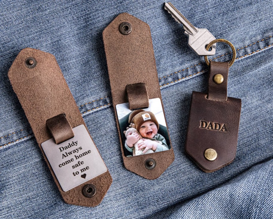 brown leather name keychain
