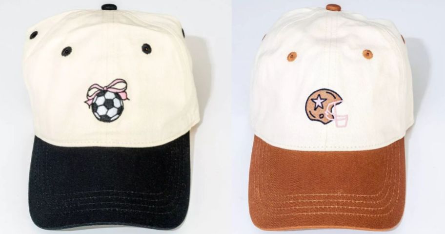 two frasier sterling hat stock images with a soccer ball and a football helmet on them