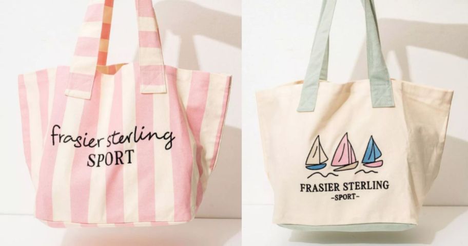 two frasier sterling tote bag stock images in pink and white stripes and another with sail boats printed on it