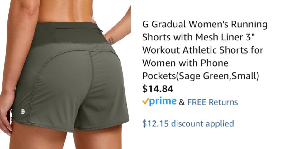 woman wearing shorts next to Amazon pricing information