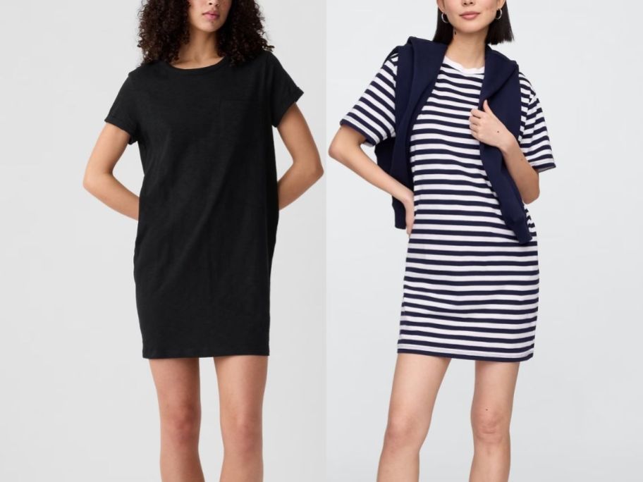 two women in t shirt dresses