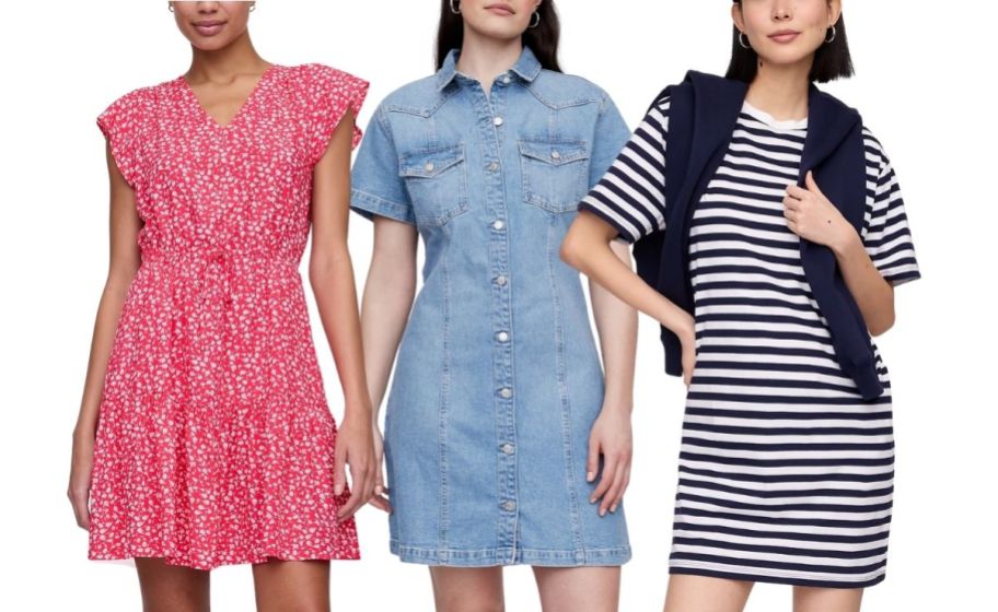three women wearing gap dresses