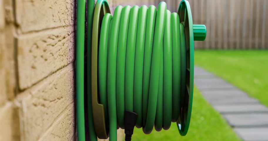 green garden hose attached to an outside wall