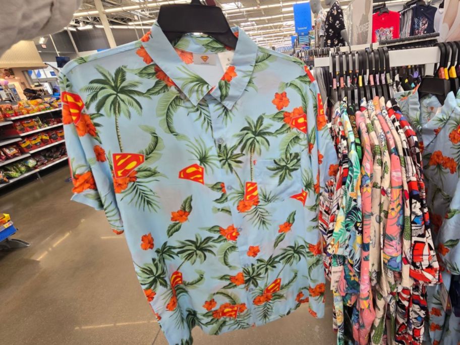 blue, pink, and green Superman Men's Hawaiian Shirt in store