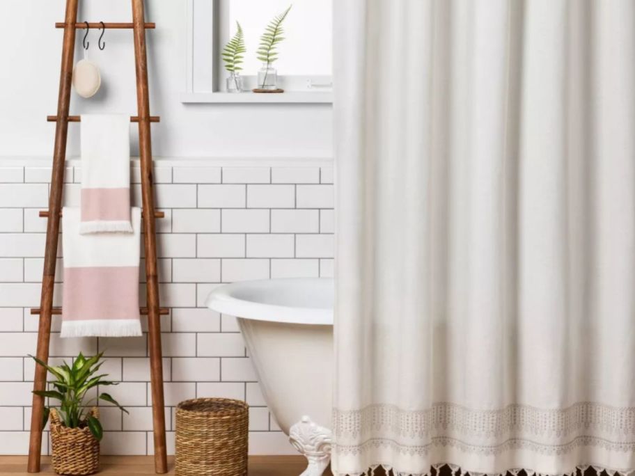 heath and hand towel ladder in bathroom