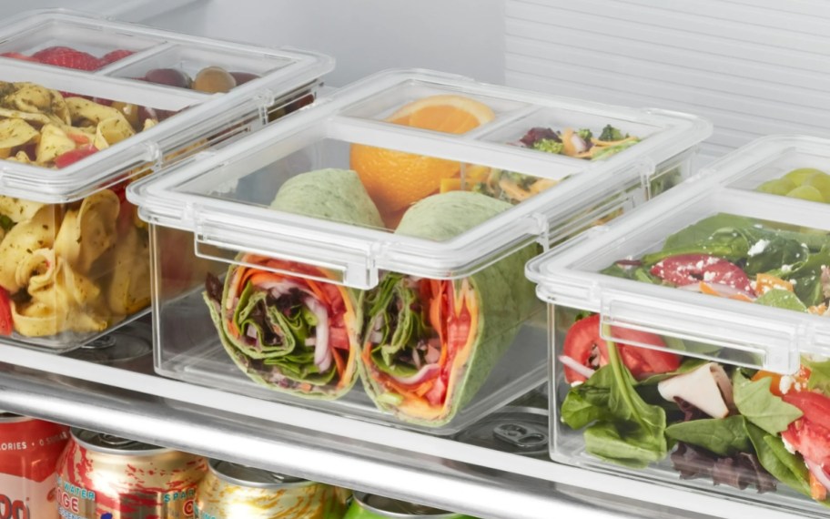the home edit 3pack bento food storage containers on a fridge shelf