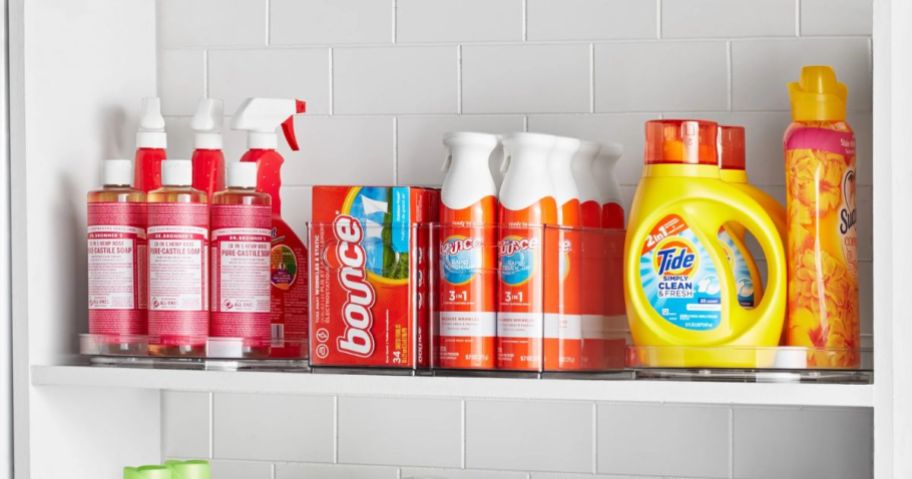The Home Edit Laundry Edit filled with products on shelf in laundry room