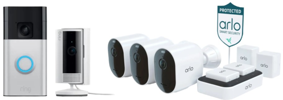 Ring doorbell and camera starter kit next to Arlo outdoor and indoor pro kit