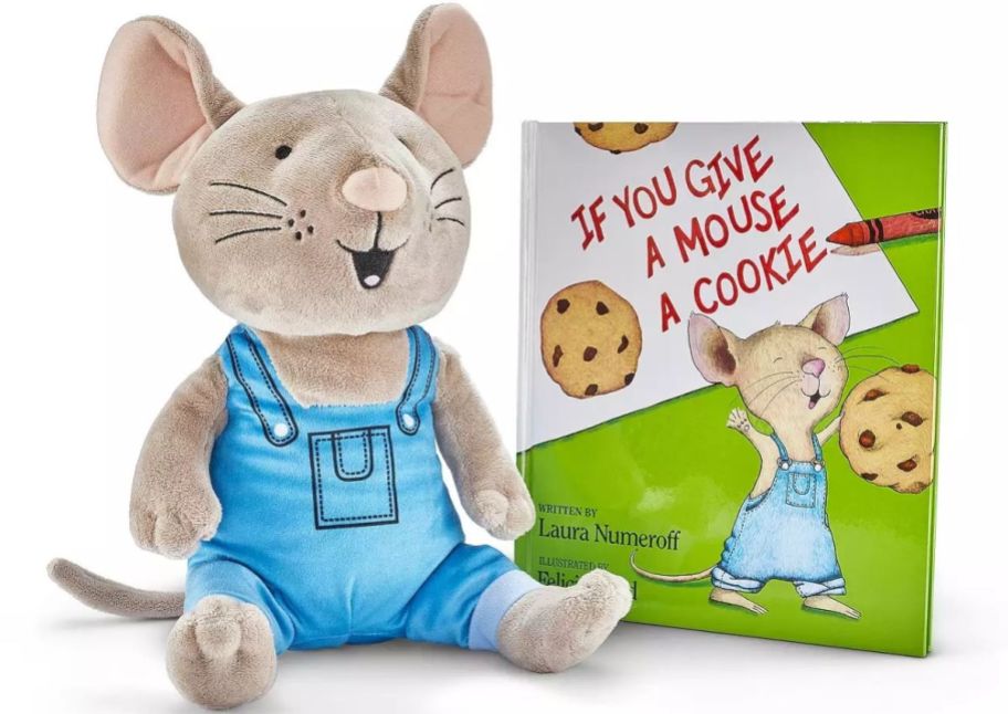 a mouse plush shown with a kids book