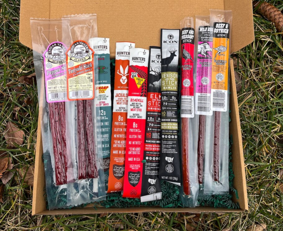 box of jerky in grass
