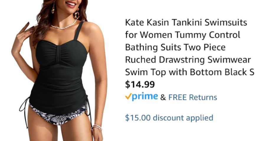 woman wearing black swim suit next to Amazon pricing information