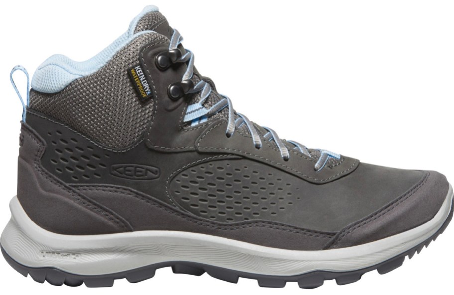 gray, blue and white keen hiking shoe 