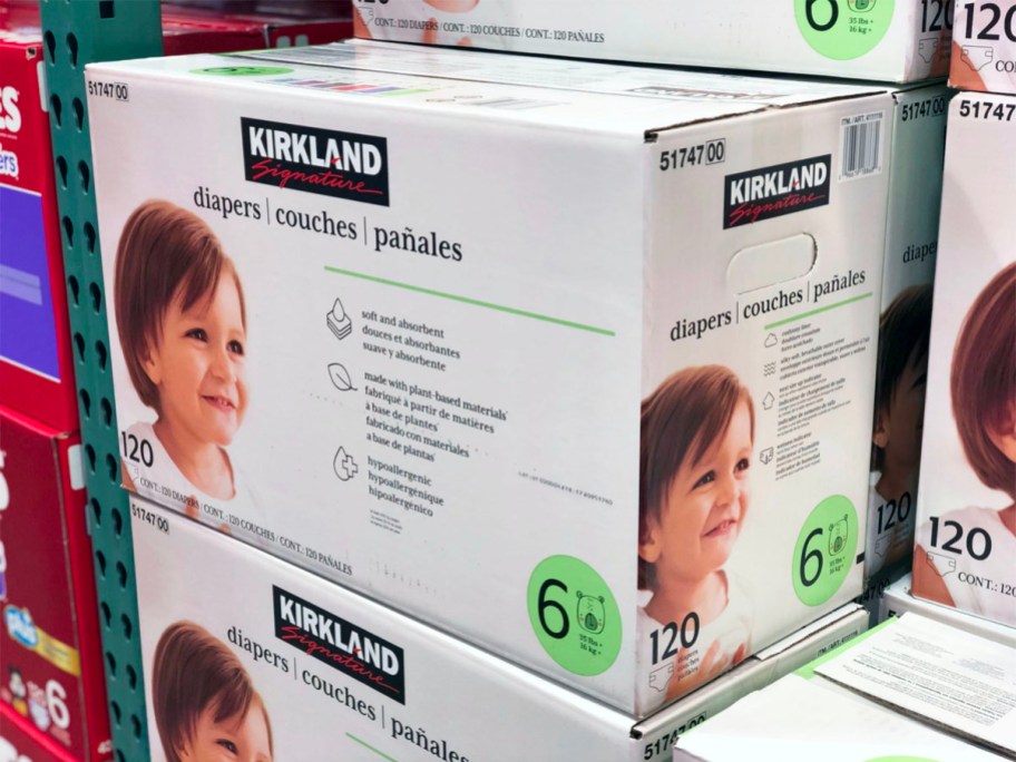 size 6 costco diapers box sitting on shelf