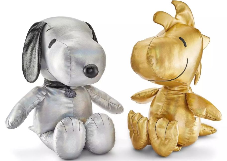silver snoopy and gold woodstock plushes