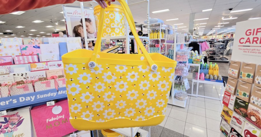 yellow tote with bee and floral print
