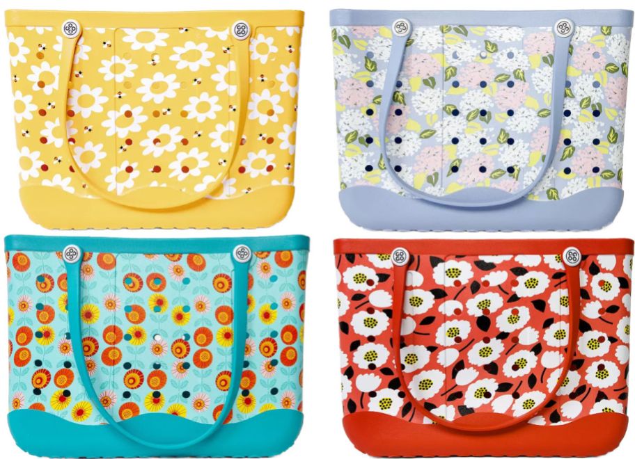 4 printed totes on a white background