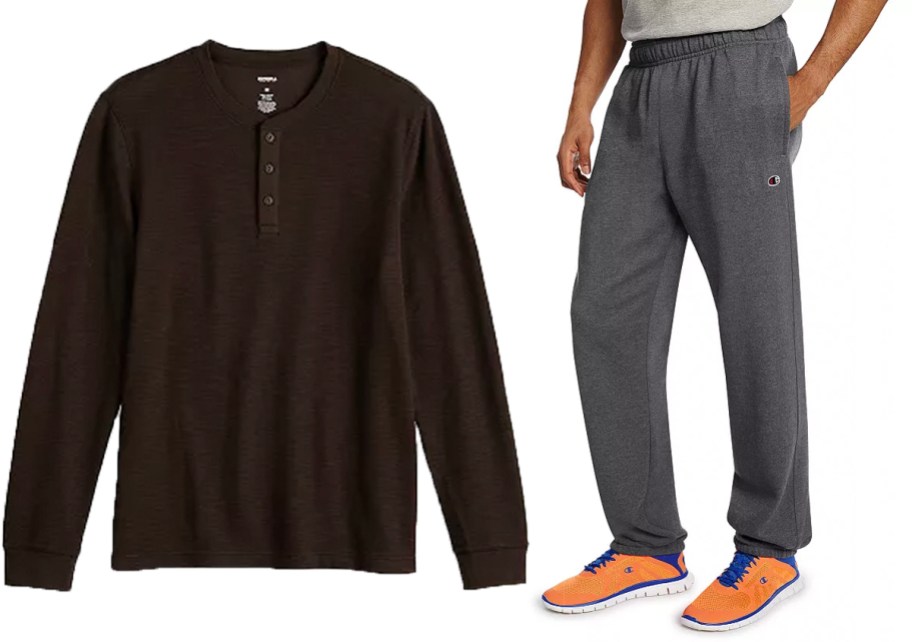 mens long sleeve marroon tee and man wearing gray sweatpants 
