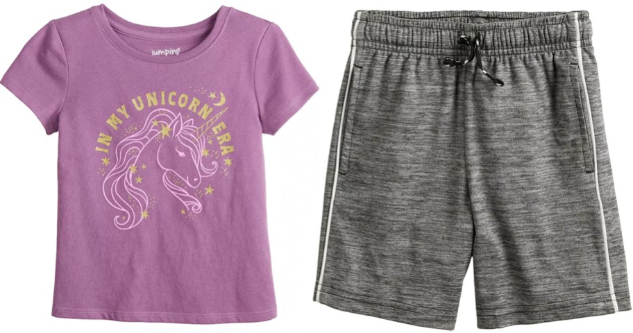 unicorn purple top and gray shorts 