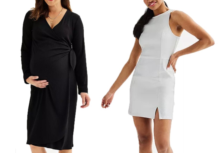 two women wearing black and white dresses