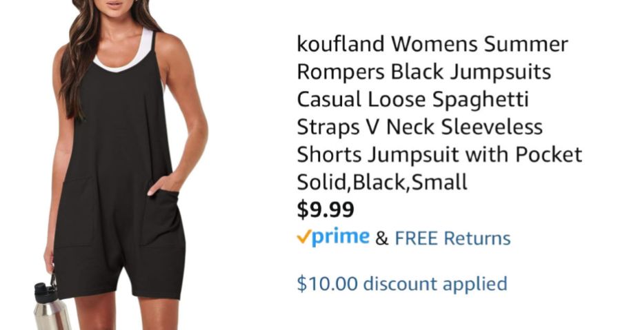 woman wearing black romper next to Amazon pricing information