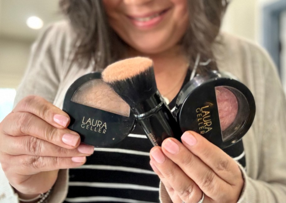 woman holding foundation blush and brush