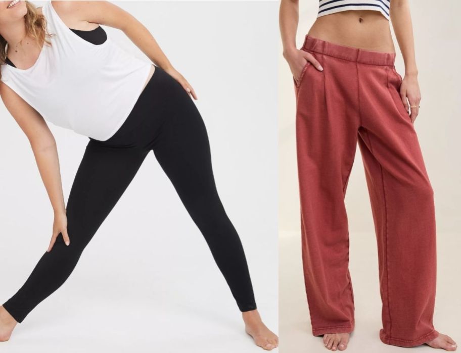 a model in aerie leggings and a model wearing a pair of wide leg fleece pants